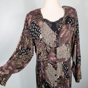 Nostalgia Maxi Dress S Brown Black Vintage 90s Long Sleeve Button Animal Print